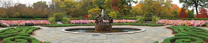 New York City, triple screen, park, fountain, flowers, cobblestone