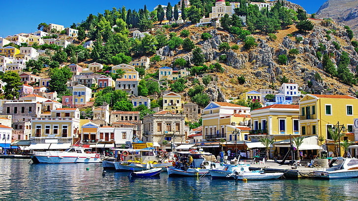city, Greece, Symi, boat, colorful, building exterior, architecture, HD wallpaper