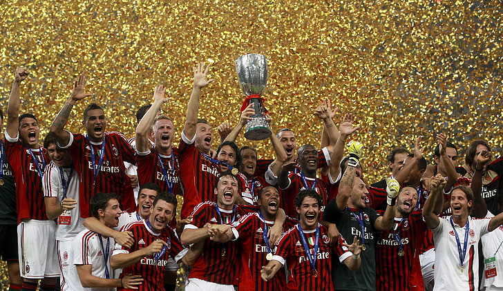red soccer jersey, Milan, pato, gattuso, seedorf, shield, milan ac, HD wallpaper