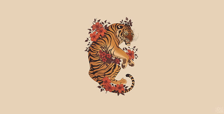 tiger, artwork, animals, simple background, big cats