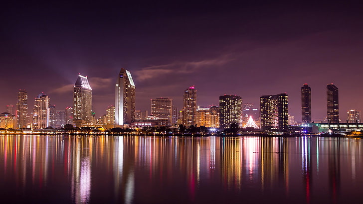 citylights, night, san diego, reflected, reflection, skyscrapers, HD wallpaper