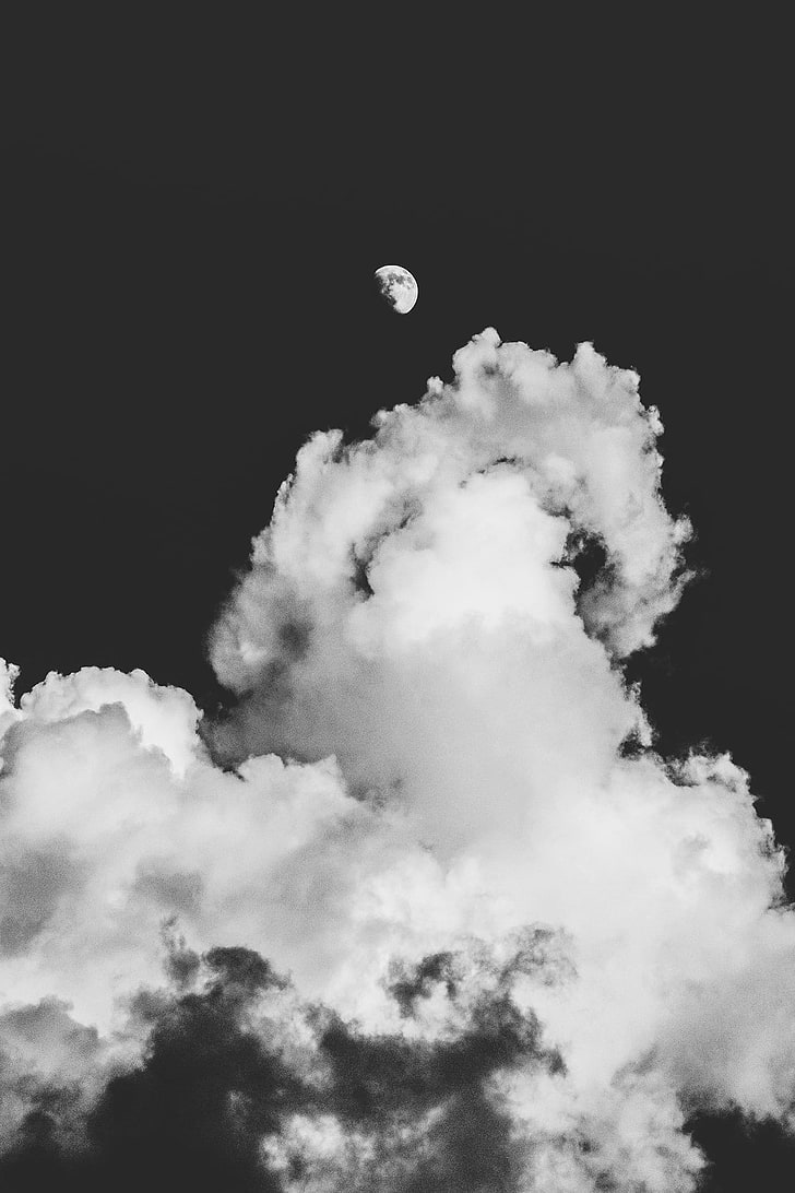 Moon, clouds, monochrome, sky, cloud - sky, nature, beauty in nature, HD wallpaper