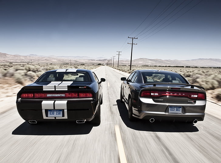 Dodge Muscle Cars, two black and gray cars, transportation, mode of transportation