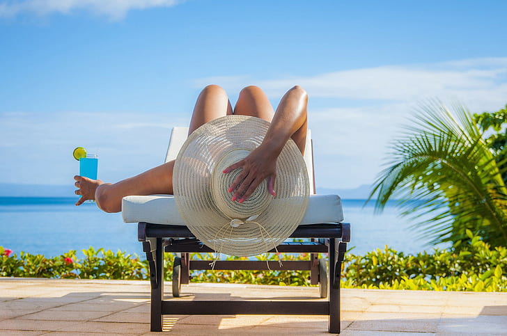 sunbathing, women outdoors, cocktails, hat, HD wallpaper