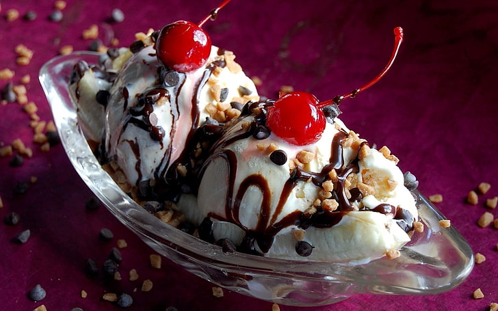 ice cream with berries, ice-cream, nuts, crumb, chocolate, cherry, HD wallpaper