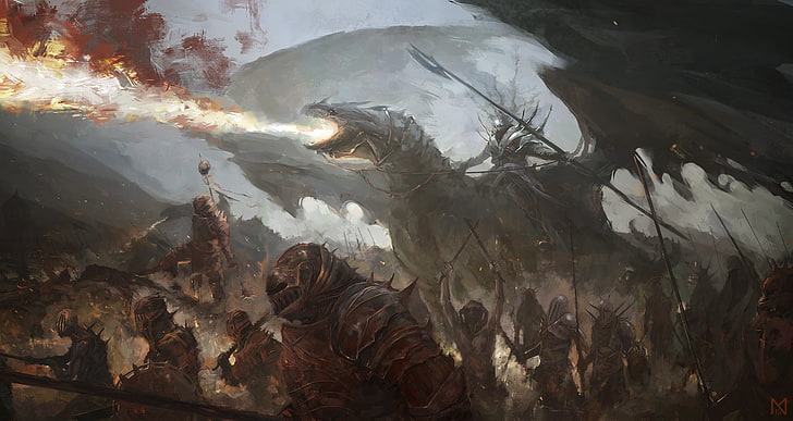 fantasy war, dragon, fire, dead army, artwork, HD wallpaper