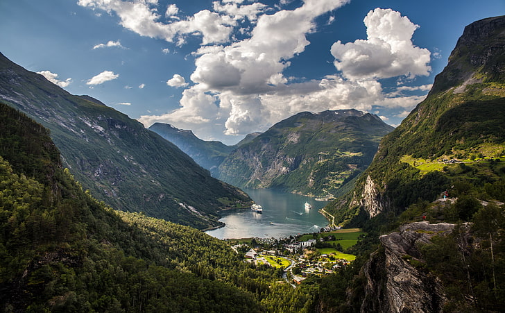 Geiranger, Norway, body of water and mountain, Europe, Landscape, HD wallpaper