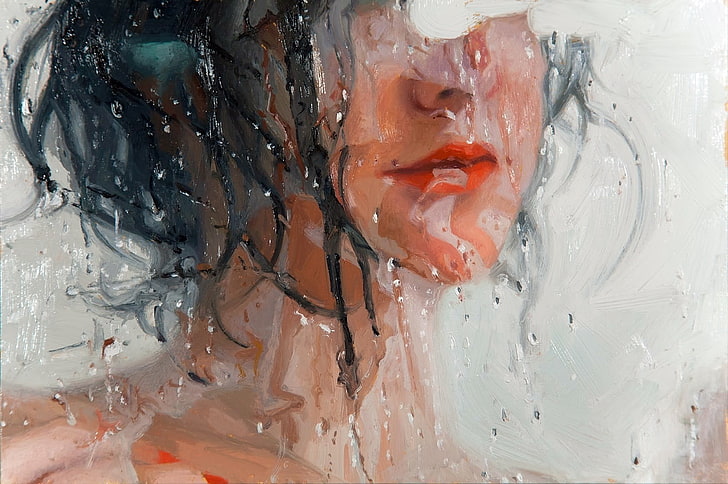 woman black hair and red lips painting, Alyssa Monks, artwork