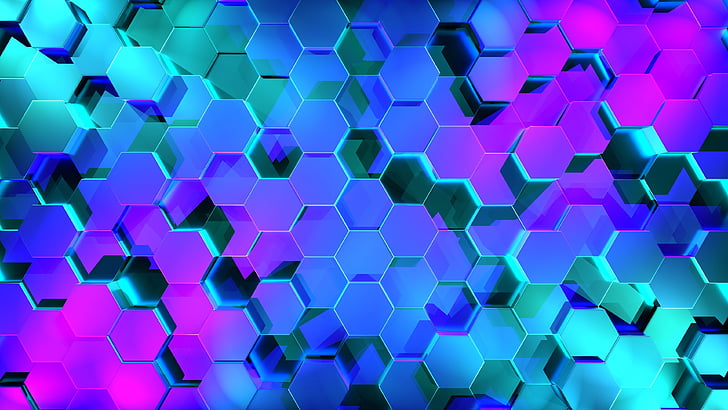 glow, hexagon, blue, honeycomb, purple, turquoise, azure, electric blue, HD wallpaper