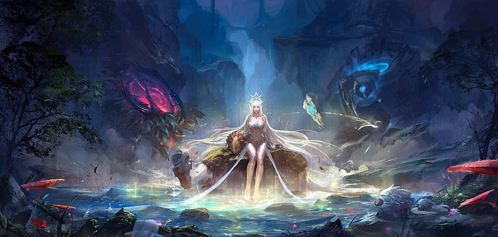 woman sitting on the rock multicolored illustration, Janna (League of Legends), HD wallpaper