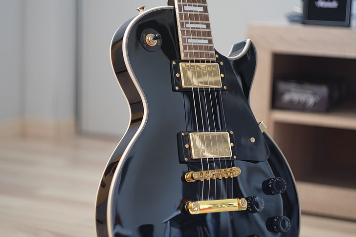 black Les Paul guitar, fretboard, strings, music, musical Instrument
