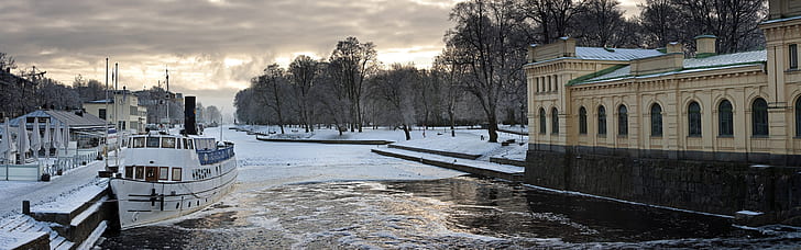 Winter, river, boats, snow, houses, Uppsala, Sweden, HD wallpaper