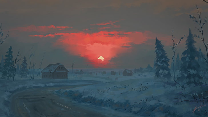 sunset and town covered with snow painting, digital art, winter, HD wallpaper