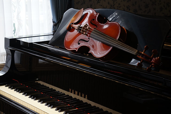 brown violin and grand piano, music, musical instrument, musical equipment, HD wallpaper