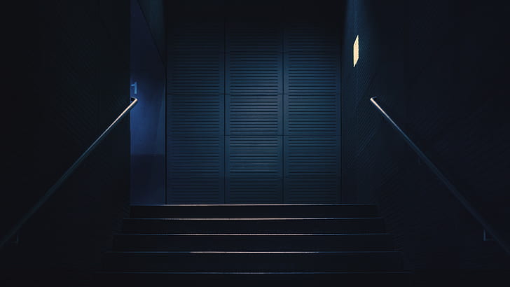 stairway blue dark lights handrail stairs numbers, staircase