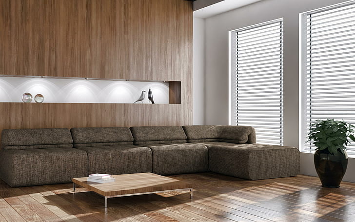 Stylish room, brown fabric corner sofa, photography, 2880x1800