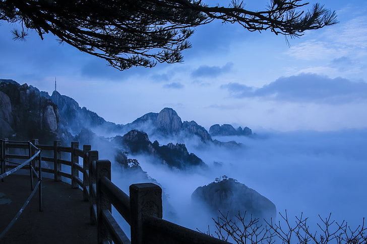 nature, landscape, mist, mountains, walkway, morning, blue