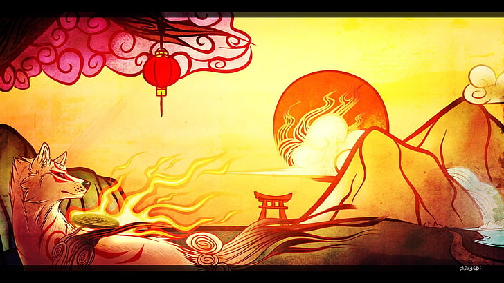 white and red dragon illustration, furry, Amaterasu, Okami, art and craft