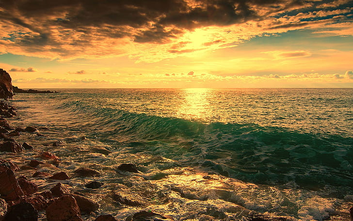 Sea, beach, rocks, waves, dusk, HD wallpaper