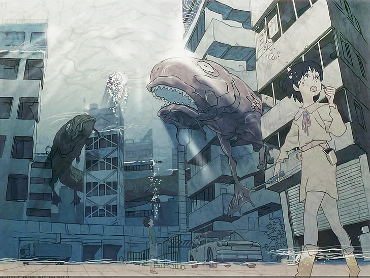 woman walking underwater painting, anime, built structure, building exterior