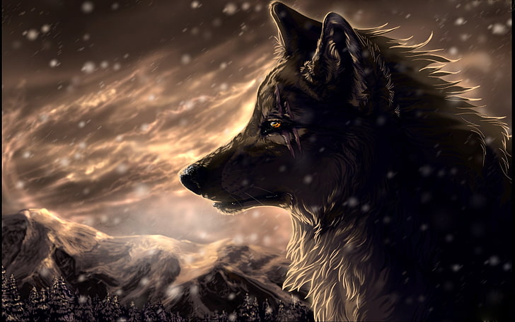wolf illustration, anime, animals, snow, fantasy art, dog, pets