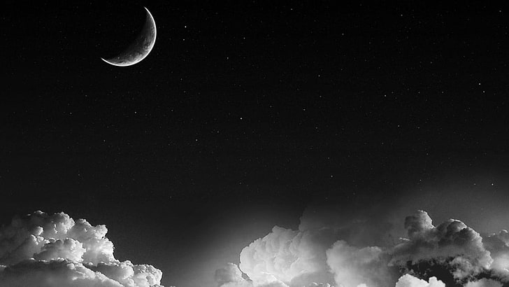 crescent moon and white clouds, monochrome, space, night, sky, HD wallpaper