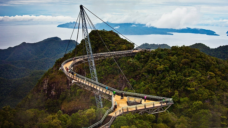silver steel arch bridge, malaysia, langkawi, landscape, trees