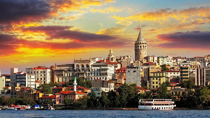 architecture cityscape istanbul turkey building tower ship sunset clouds old building trees water galata kulesi galata