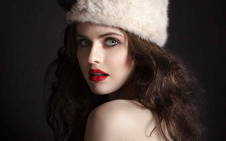 women's beige hat, Alexandra Daddario, portrait, beauty, beautiful woman