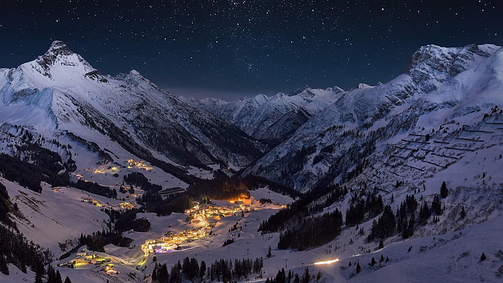 sky, nature, mountain range, winter, snow, night, starry night, HD wallpaper