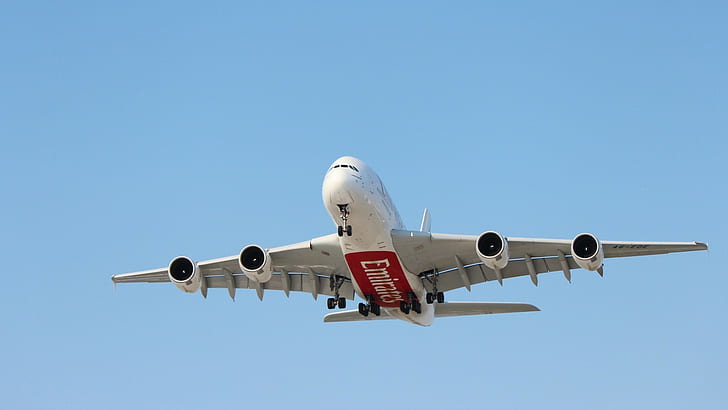 Passenger Aircraft, Airplane, A380, Blue Sky, white and red emirates airplane
