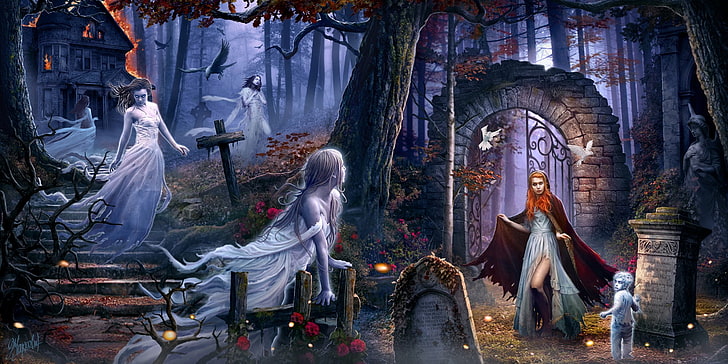 graveyard halloween wallpaper, ghost inside cemetery, fantasy art