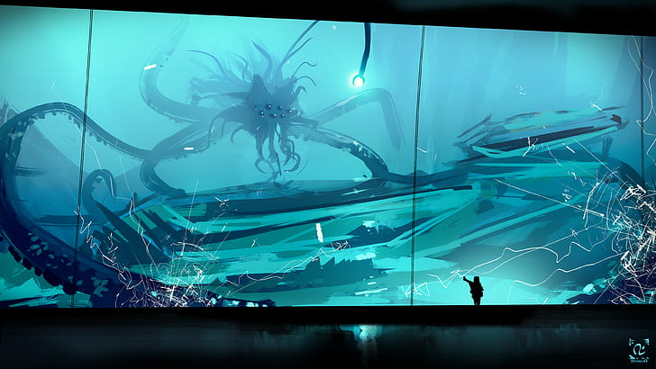 person standing in front of big aquarium with sea monster inside digital wallpaper