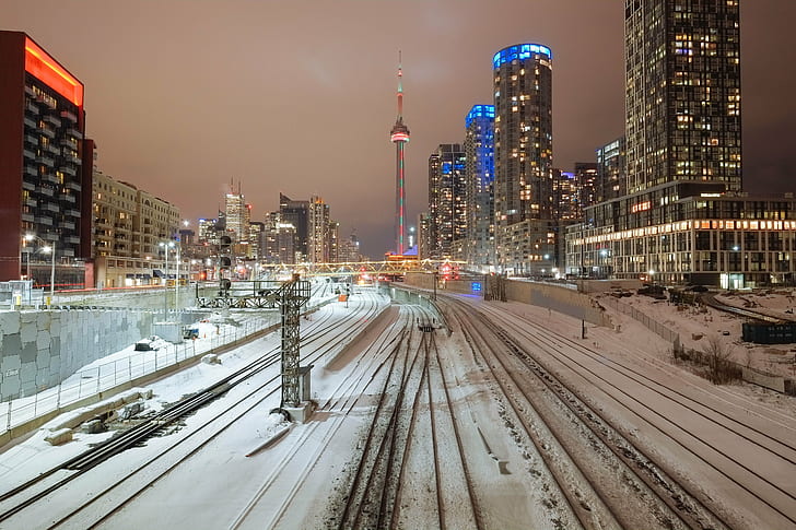 train rails covering snow, toronto, toronto, CN Tower, Canada, HD wallpaper