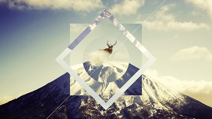 mountain illustration, reindeer, animals, mountains, snow, polyscape, HD wallpaper