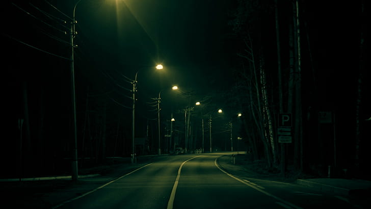 gray concrete road, landscape, night, illuminated, street, street light
