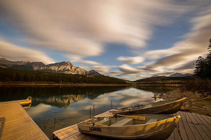 boat, lake, water, clouds, mountains, landscape, nature, HD wallpaper