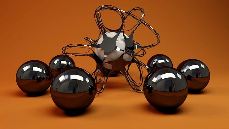black atomic balls, 3d, geometric, glass, metal, shapes, plexus, HD wallpaper