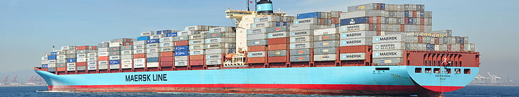 blue and brown cargo ship, Maersk, panorama, harbor, sea, water, HD wallpaper