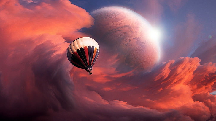 white and red hot-air balloon, artwork, fantasy art, hot air balloons