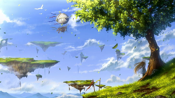 anime, birds, Floating Island, leaves, Trees