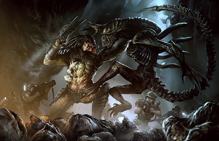 Alien vs. Predator, artwork, Xenomorph, aliens, creature, horror, HD wallpaper