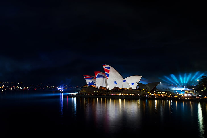 explosion, Sydney, Sydney Opera House, water, night, illuminated, HD wallpaper