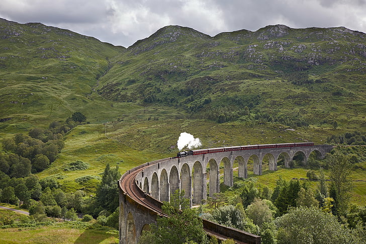 Vehicles, Steam Train, Glenfinnan viaduct, Highlands, Mountain, HD wallpaper