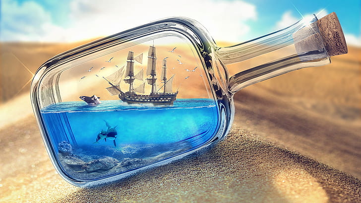 sand, sea, desert, ship, bottle, photoart, ship in a bottle, HD wallpaper