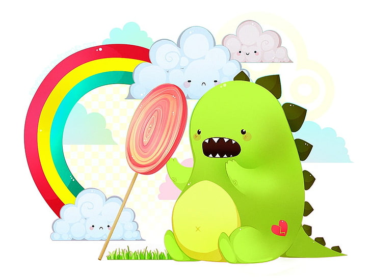 green dinosaur illustration, colorful, dinosaurs, digital art