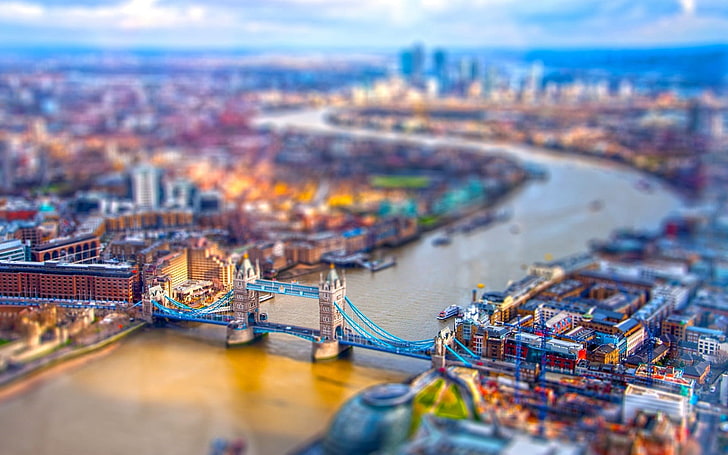 tilt-shift photography of Tower Bridge, aerial photo of city and bridge miniature