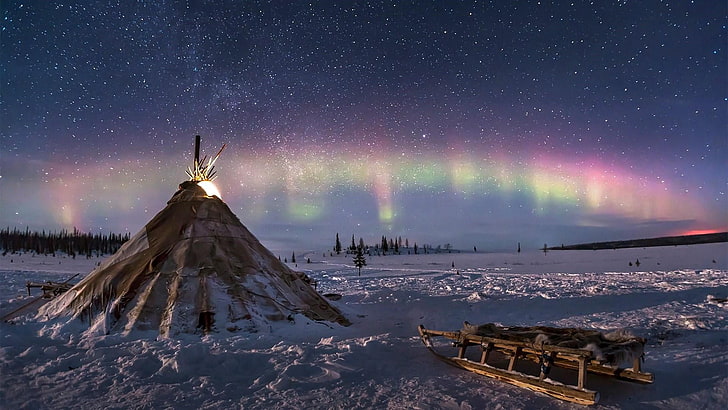 snow, nomad, stars, night sky, starry sky, sledge, tent, aurora borealis, HD wallpaper