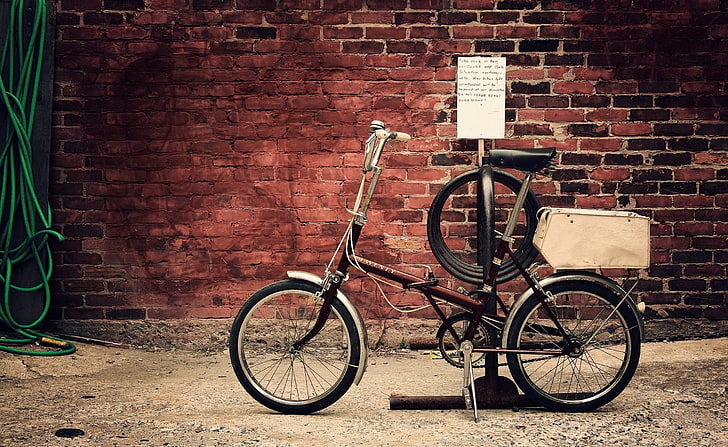 Bicycle, black folding bike, Artistic, Urban, brick wall, land vehicle, HD wallpaper