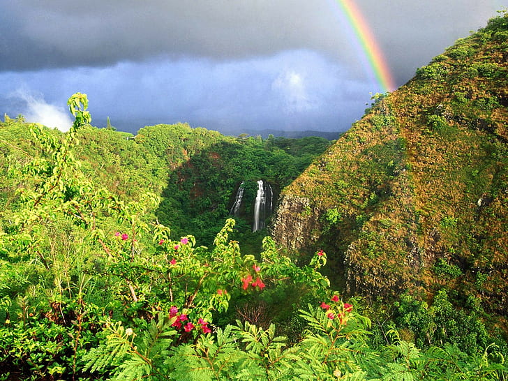 landscape, rainbows, wilderness, hills, waterfall, HD wallpaper